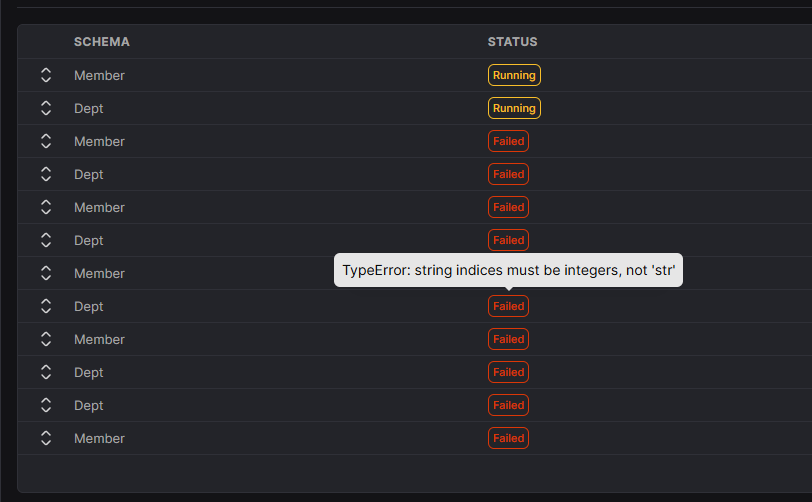 Data Warehouse schema 清單:Member/Dept 一排卡在 Failed,tooltip 只吐一個看不出所以然的 TypeError