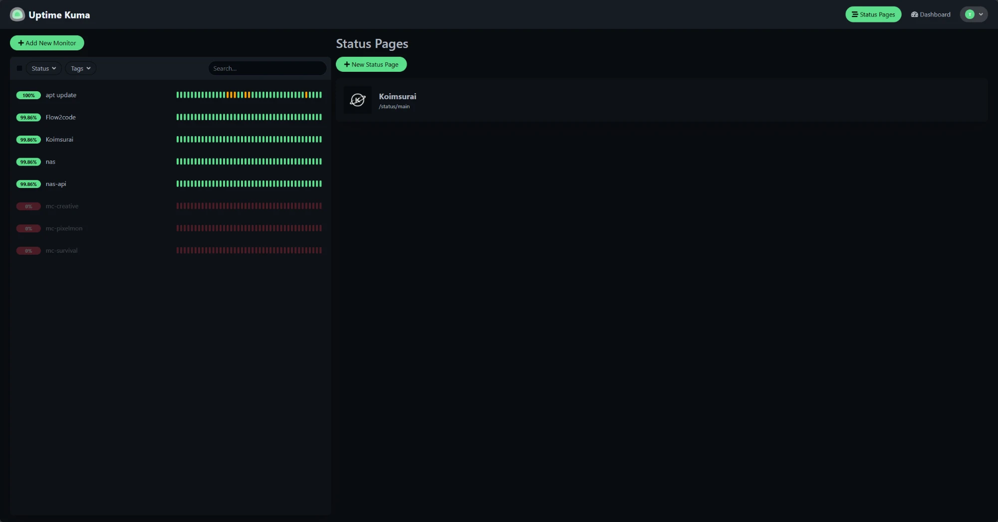 Uptime Kuma v2 的儀表板與狀態頁清單,左側是各監測器的心跳條