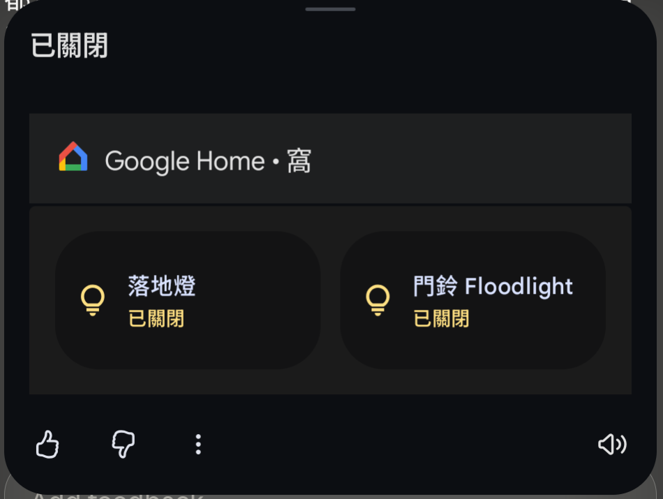 說「關燈」之後,Google 關掉的是落地燈和門鈴探照燈,我房間的燈完全沒動
