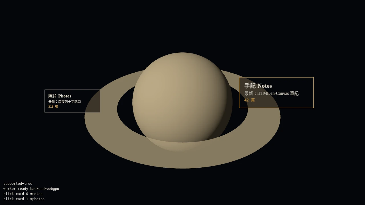 原型:worker 裡的 WebGPU 土星,兩張 DOM 字卡被畫進場景,背後那張被星球擋住